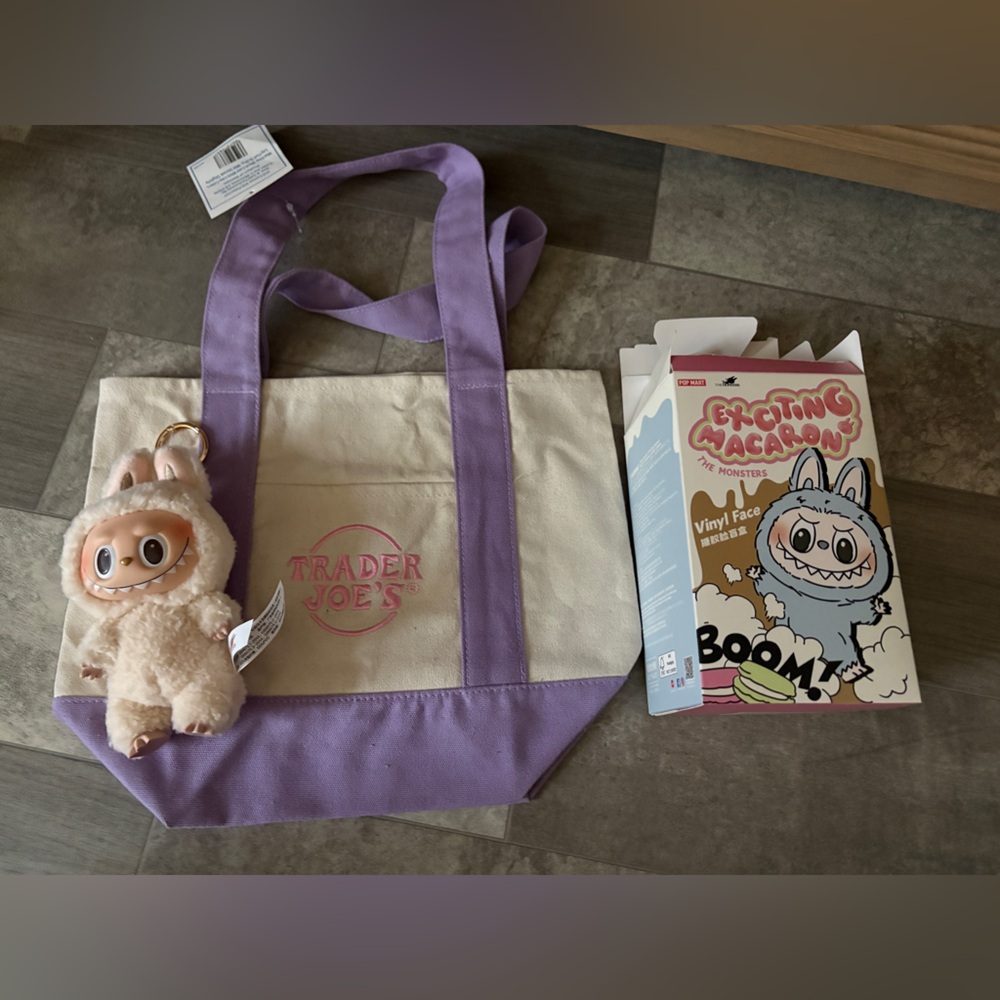 Trader Joe's mini canvas tote bag in purple and Labubu Macarons in soymilk